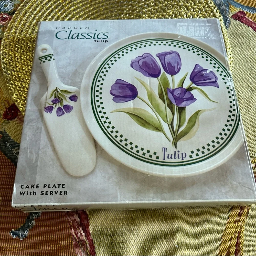 Vintage Garden Classics Purple Floral Tulips Stoneware Cake Plate Server Box SET
